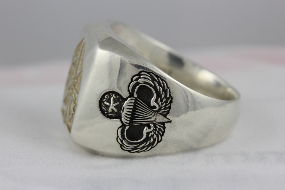 Jump Wings: Custom designed Master Parachutist Badge inset on the side of a class ring styled men's ring.