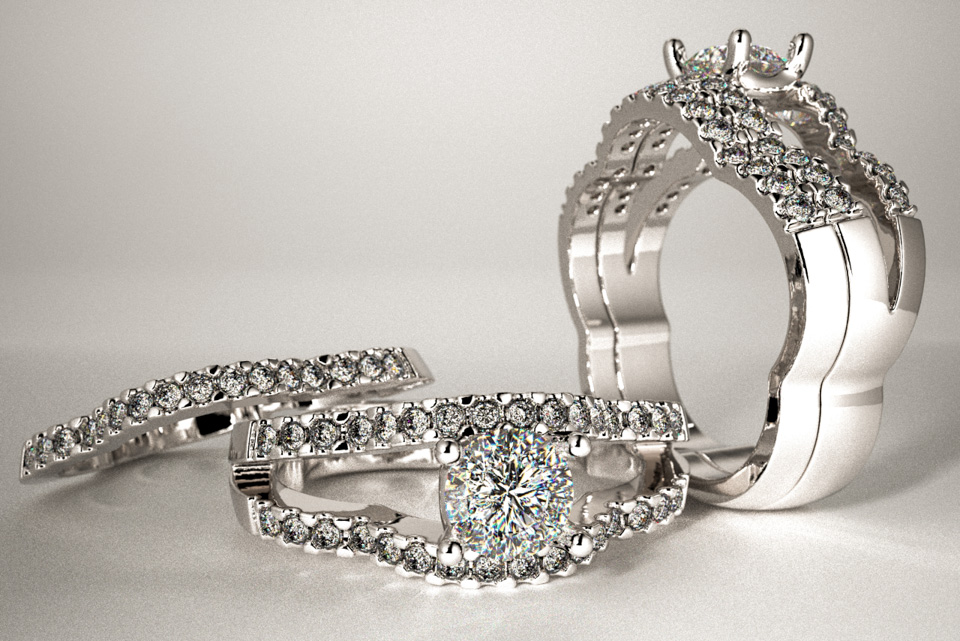 Unique Wedding Set: Flower petal engagment ring with matching band.  Diamond is set low in 14k white gold.