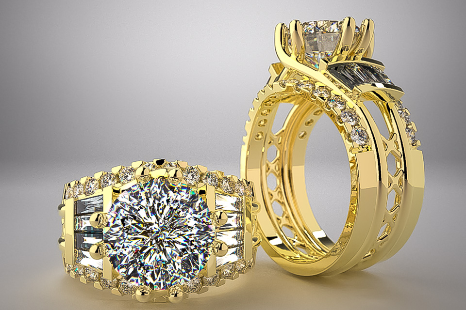 Unique Wedding Set: 2 ct diamond set in 14k yellow gold with a lace band.  Accented with baguette 
												diamonds and matching diamond wedding bands.