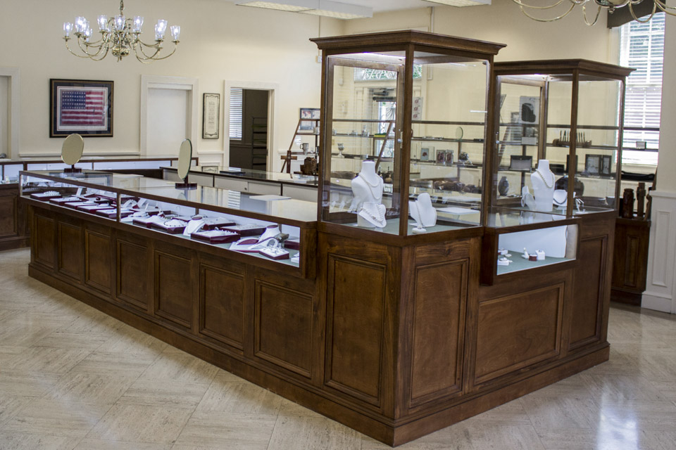 The Main Attraction: One of a kind, handmade pieces in the front counter, surrounded by a sea of pearls, Ball Watches, and William Henry knives.